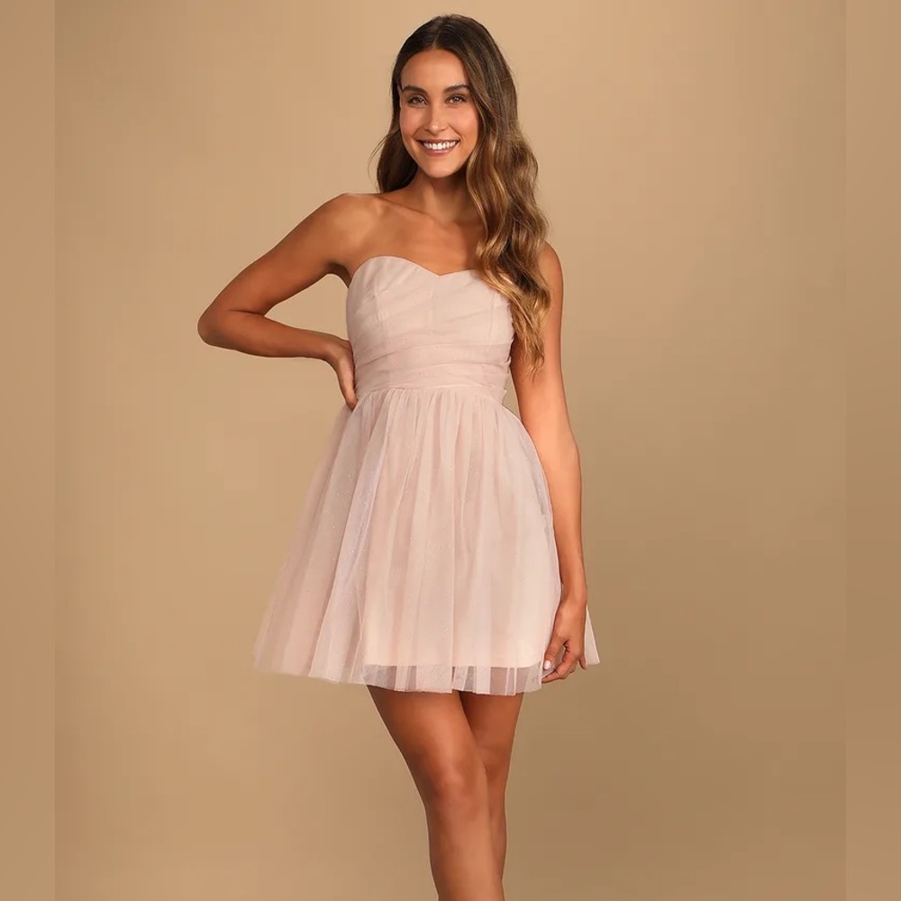 lulus just a twirl blush pink glitter tulle strapless skater dress